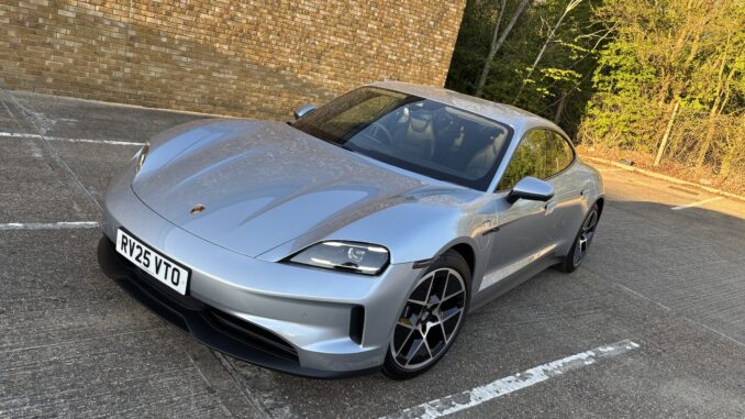 I switched from Bose’s surround sound system to Burmester’s 3D Porsche Taycan in silver parked in a car park