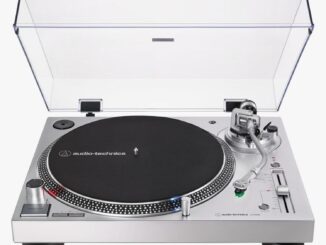Silver record player.