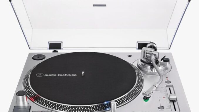 Silver record player.