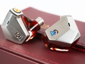 Campfire Audio Grand Luna in-ear monitors in silver on a red leather case