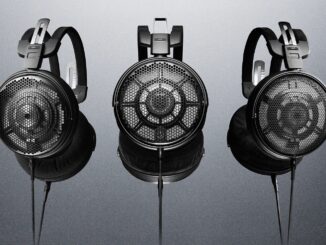 Three black open-back headphones with mesh ear cups and adjustable headbands against a gray gradient background.