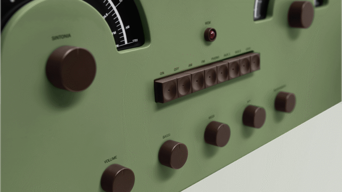 Photos of the Brionvega Radiofonografo 60th Anniversary Edition on a soft grey background