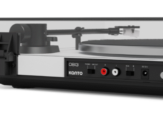 Kanto Audio Obi3 turntable shot from behind on a white background