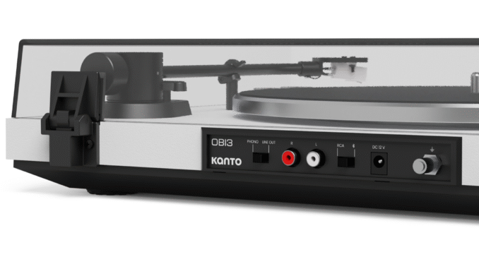 Kanto debuts its first turntable, with sleek looks and a Kanto Audio Obi3 turntable shot from behind on a white background