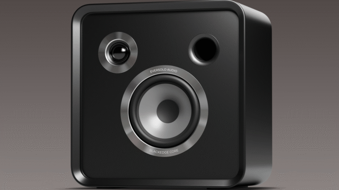 Eversolo speaker close up, with grille removed, on purple background